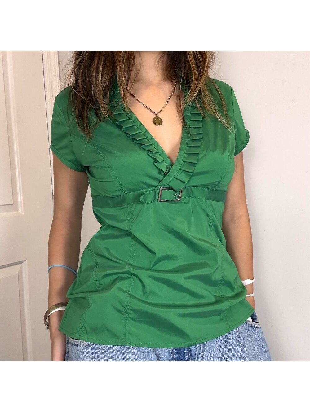 Express size medium Green ruffle v-neck officecore blouse w belt officesiren y2k